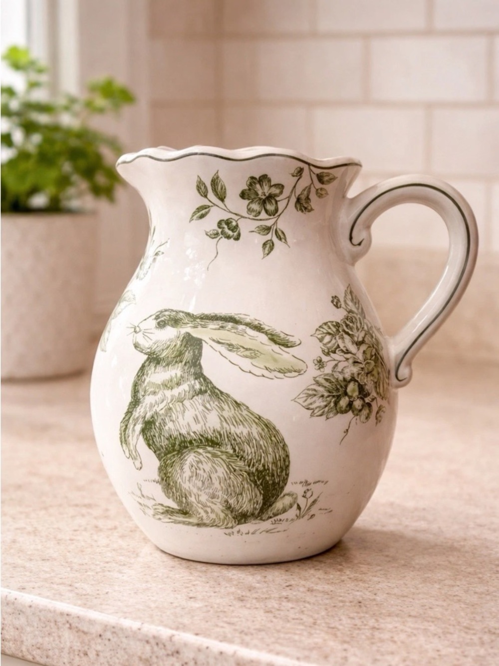 Maxcera Green & White Rabbit Roses Toile Floral Ceramic Vase Pitcher 8.5" NEW